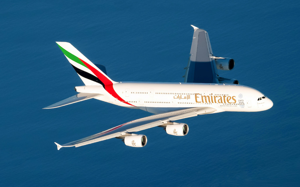 An Emirates A380 plane in the sky