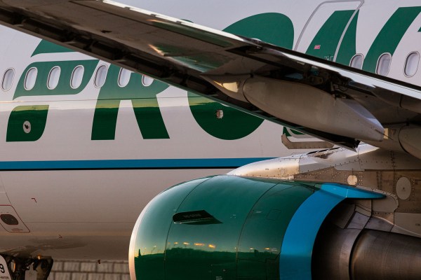 The exterior of a Frontier Airlines aircraft.