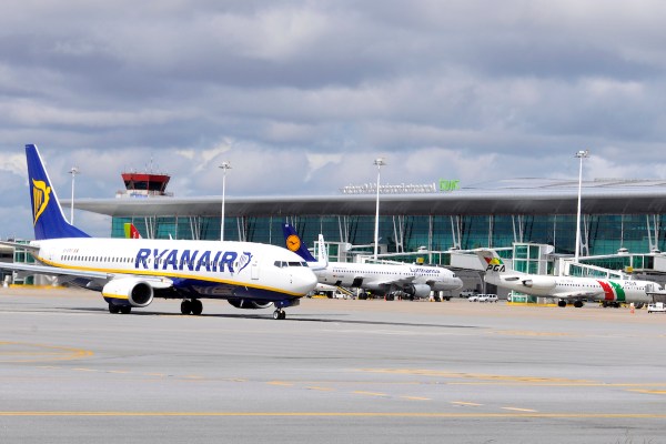 A Ryanair plane taxis at the Porto airport