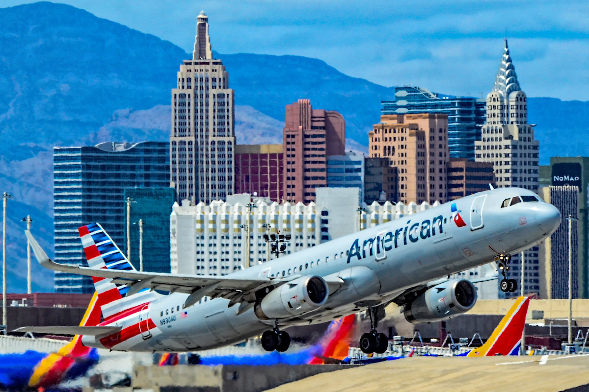 An American Airlines jet takes off from Las Vegas
