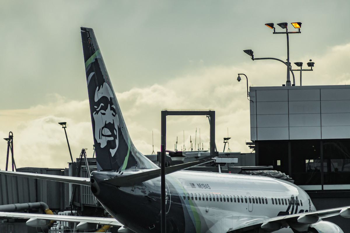 An Alaska Airlines tail at Seattle-Tacoma airport.