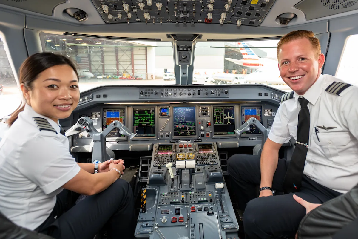 American Eagle pilots sit in the cockpit