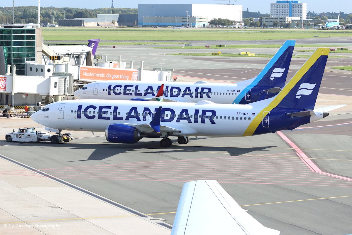 Two Icelandair Boeing 737 Maxes at Amsterdam's Schiphol airport.