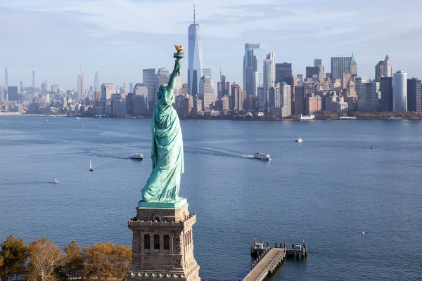 The New York skyline with the statue of liberty