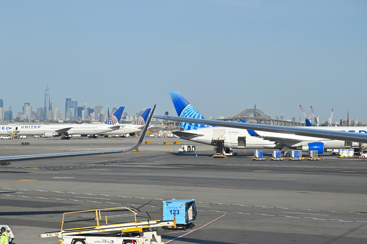 United airplanes at Newark Airport with Manhattan in the background