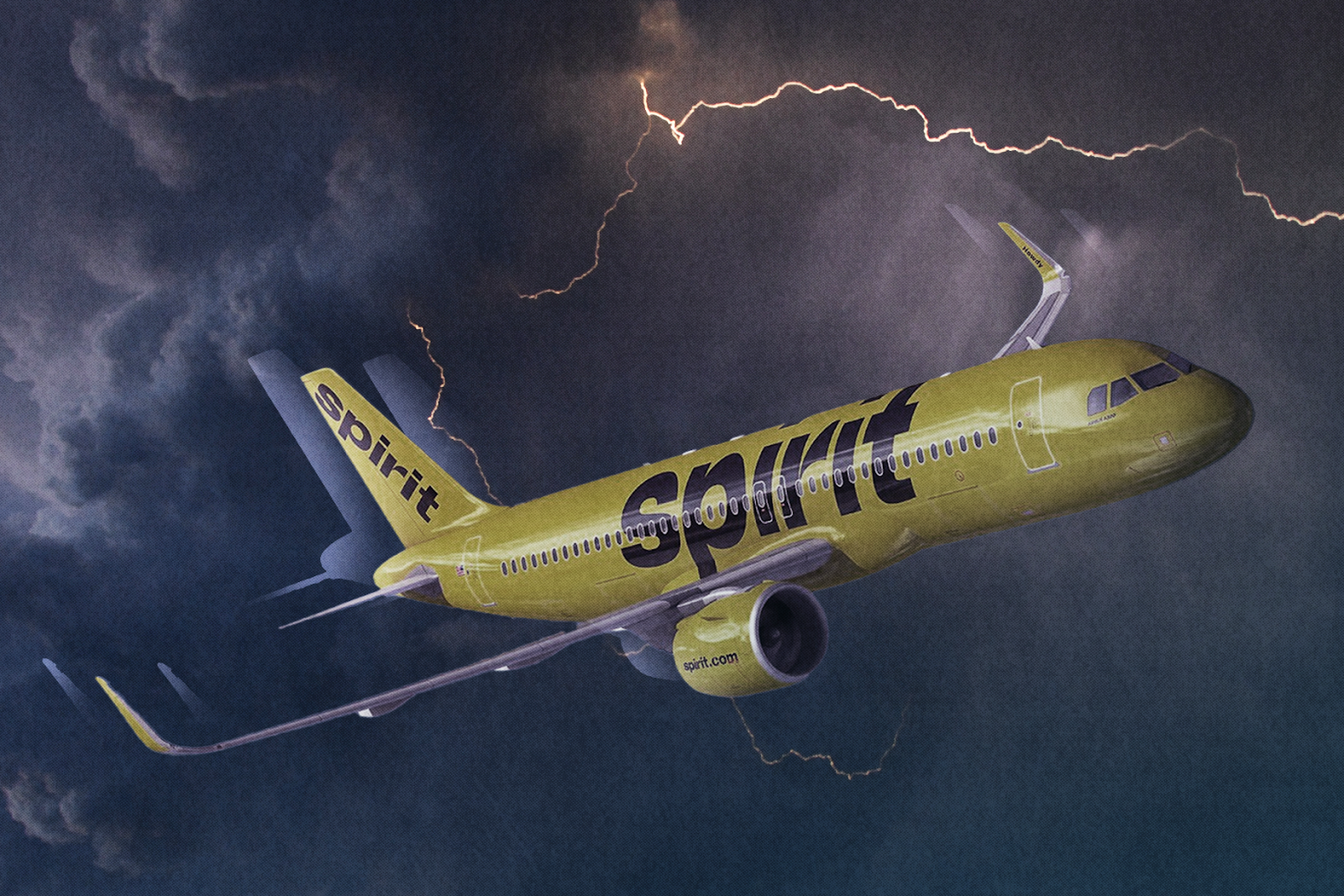An illustration showing a Spirit Airlines plane flying through stormy skies.