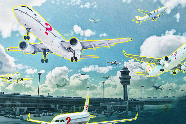 A graphic illustration showing planes at an airport with a question mark on them.