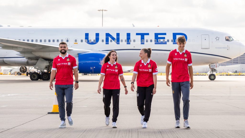 A United Airlines plane with Wrexham AFC players