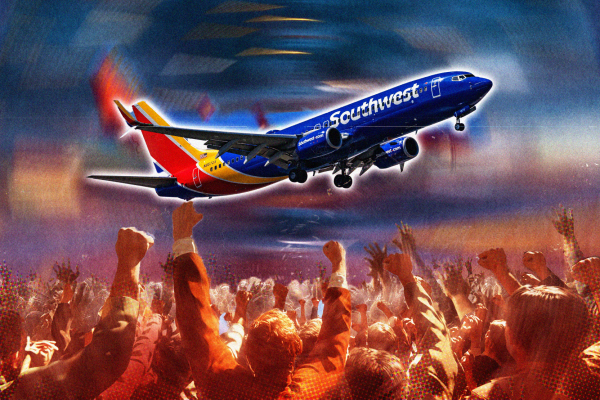 An illustration showing a Southwest Airlines plane and a crowd of shareholders.