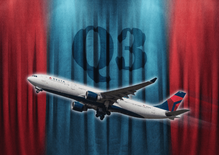 An illustration showing a Delta plane against a Q3 curtain