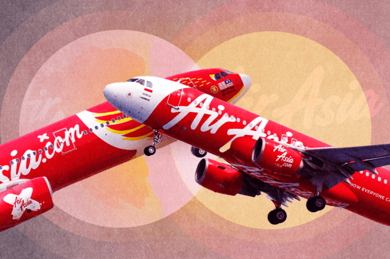 An illlustration showing an AirAsia X and AirAsia plane coming together.