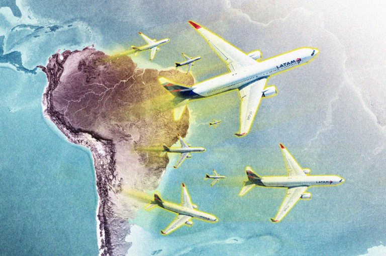 An illustration showing LATAM planes over South America