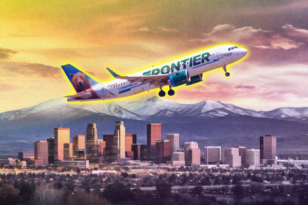 An illustration showing a Frontier plane over Denver.