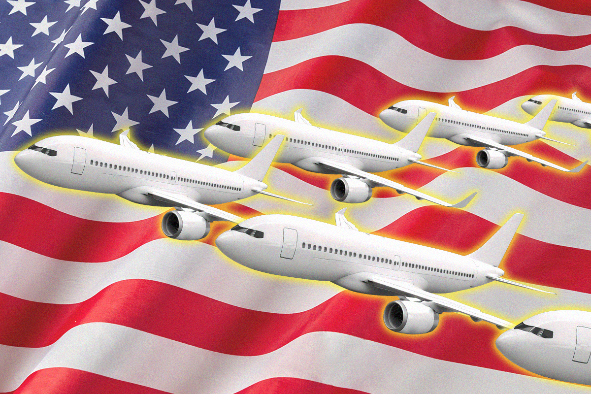 A series of jets flying with a background of the U.S. flag