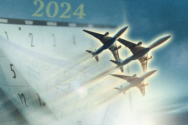 An illustration showing a 2024 calendar and planes flying.