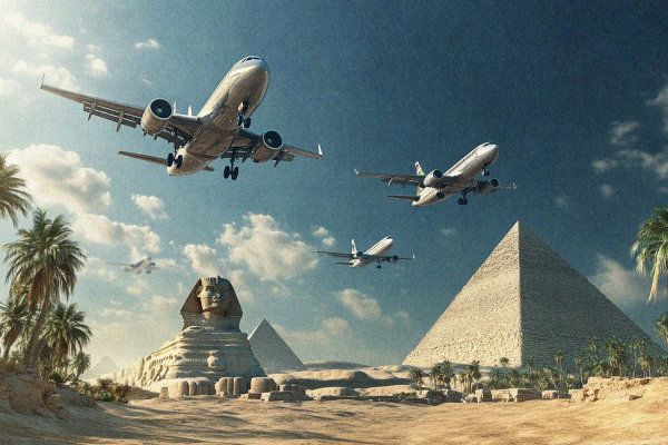 An illustration showing planes flying over the Pyramids of Giza