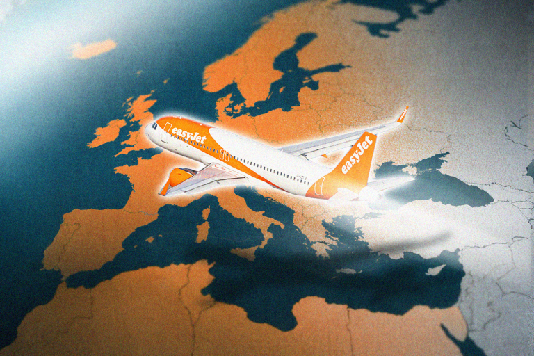 An illustration showing an easyJet plane flying over Europe.