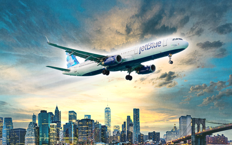 An illustration showing a JetBlue plane and the New York skyline.