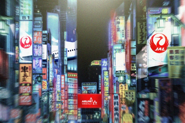 An illustration showing a Tokyo street at night with JAL aircraft.