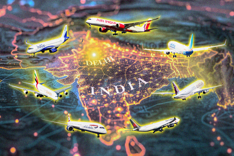 An illustration showing planes flying above India.