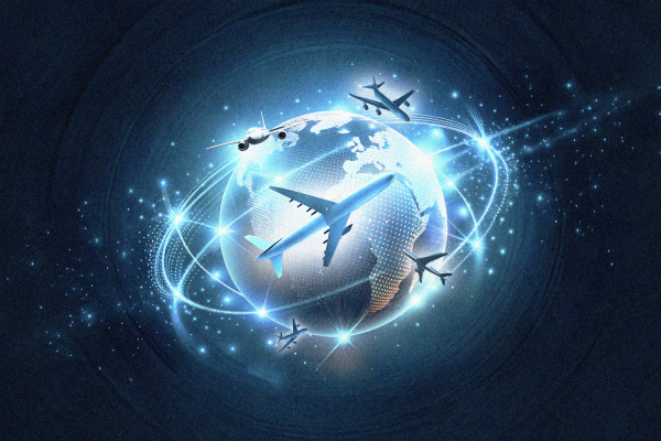 A stylized image showing aircraft flying around the world.