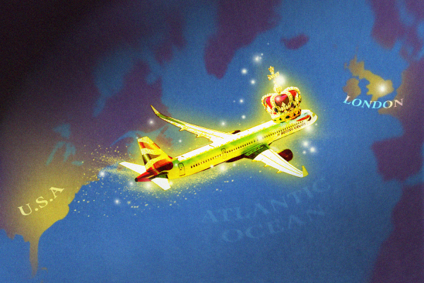 An illustration showing a British Airways plane wearing a royal crown flying over the Atlantic.