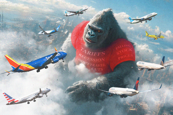 An illustration showing a giant King Kong-style ape with U.S. airlines flying nearby.