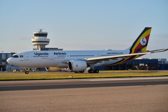A Uganda Airlines A330neo at London Gatwick Airport.