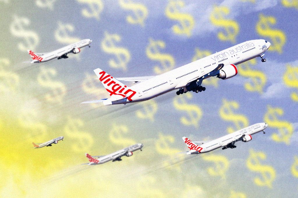 A graphic showing Virgin Australia planes and dollar signs.