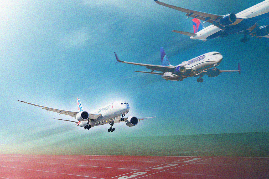 An illustration showing American trailing United and Delta.