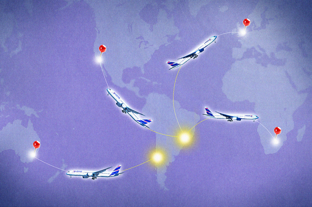 An illustration showing Latam planes on the world map.