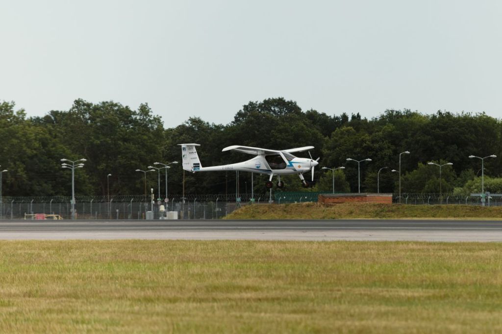 A Pipistrel Velis Electro aircraft at London Gatwick Airport.