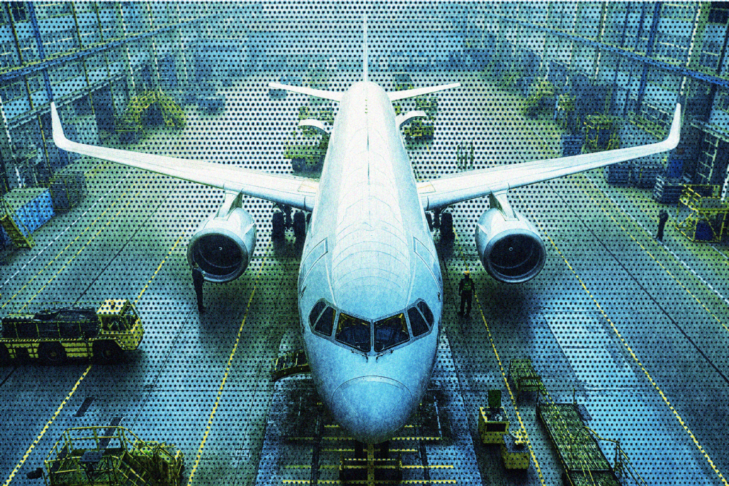 An illustration showing a narrowbody plane being assembled.