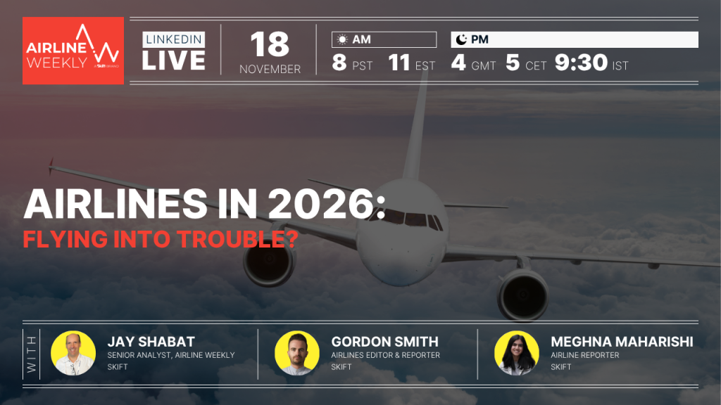 A promotional image for the Skift Airline Weekly webinar.