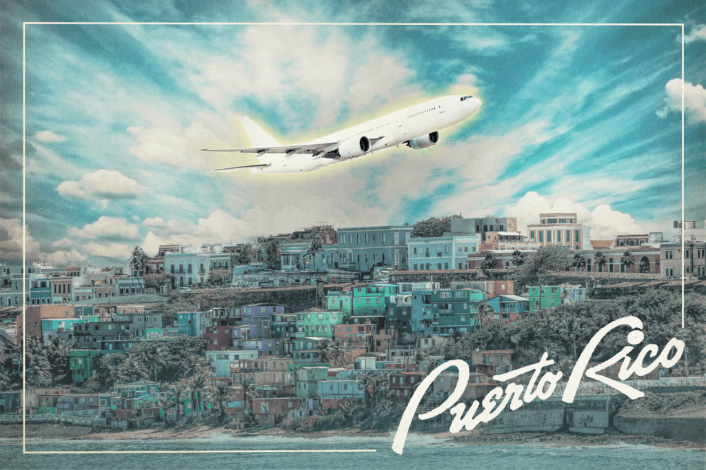 An illustration showing a plane and the Puerto Rico coastline.