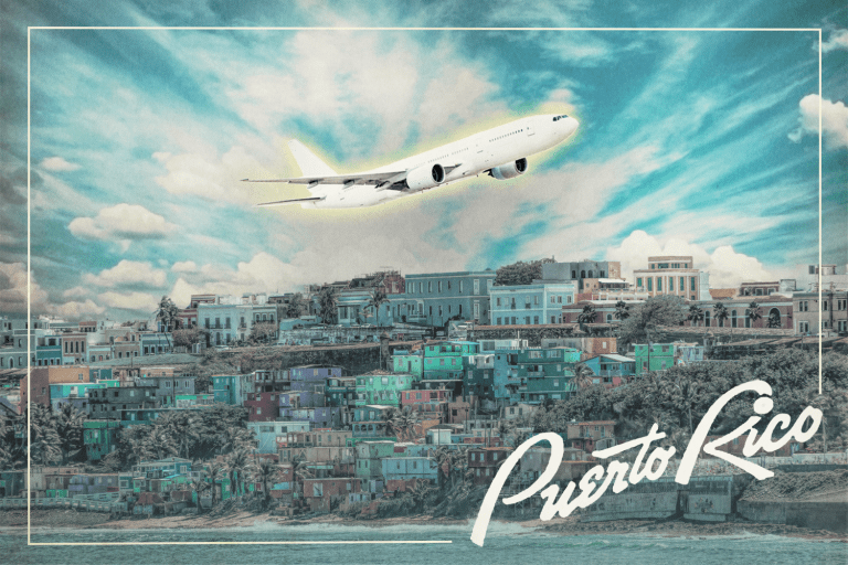 An illustration showing a plane and the Puerto Rico coastline.