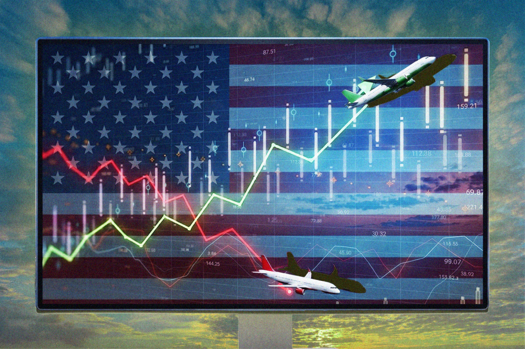 An illustration showing a U.S. flag and stock prices.