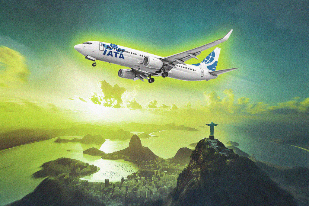 An illustration showing an IATA plane flying over Rio.