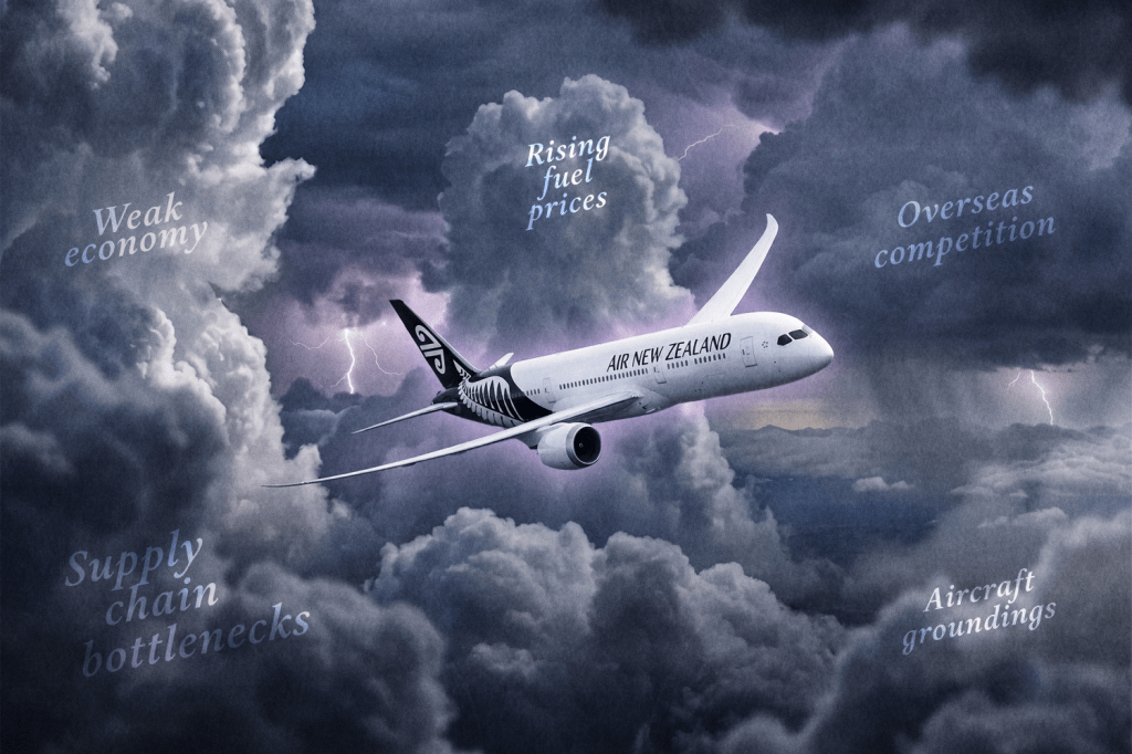 An illustration showing an Air New Zealand plane in stormy skies.
